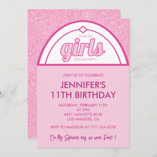ホットピンク11歳の誕生日招待状モダングリッター 招待状 (正面/裏面)