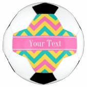 ホットピンク2ティール(緑がかった色)パイナップルLGシェブロンネームモノグラム サッカーボール (正面)