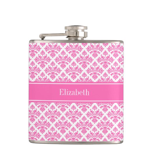 ホットピンク2ホワイトダマスク#3ホットピンク名モノグラム フラスク (正面)