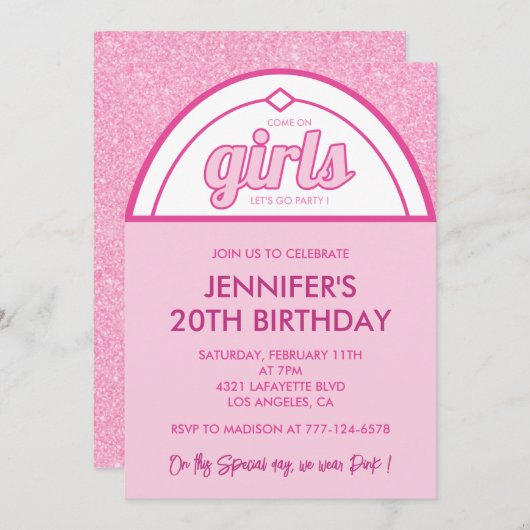 ホットピンク20th誕生日招待状ガールグリッター 招待状 (正面/裏面)