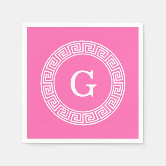 ホットピンク2 Whtギリシャ語鍵Rndフレームイニシャルモノグラム スタンダードカクテルナプキン (正面)