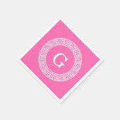 ホットピンク2 Whtギリシャ語鍵Rndフレームイニシャルモノグラム スタンダードカクテルナプキン (角)