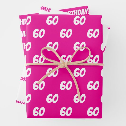 ホットピンク60ハッピーバースデー名前をカスタムする ラッピングペーパーシート (インサイチュ)