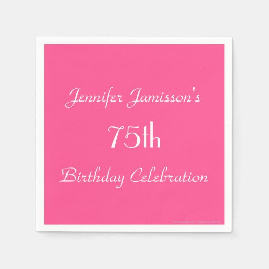 ホットピンク75th誕生日パーティーネーム紙 スタンダードカクテルナプキン (正面)