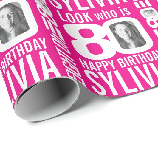 ホットピンク80歳の誕生日の写真80カスタム名 ラッピングペーパー (ロールコーナー)