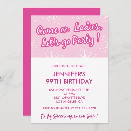 ホットピンク99th誕生日招待状グリッター 招待状 (正面/裏面)