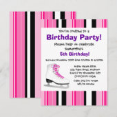 ホットピンク アイススケート バースデーパーティー - ピンクストライプ 招待状 (正面/裏面)