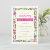 ホットピンク&アクアフローラ縁ど女子誕生日パーティー 招待状 (スタンド正面)