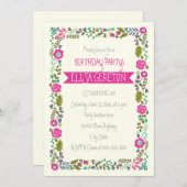ホットピンク&アクアフローラ縁ど女子誕生日パーティー 招待状 (正面/裏面)