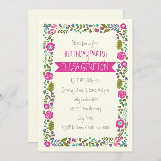 ホットピンク&アクアフローラ縁ど女子誕生日パーティー 招待状 (正面/裏面)