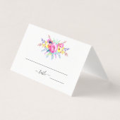 ホットピンク&イエロー春フローラ結婚のテーブルカード (正面)