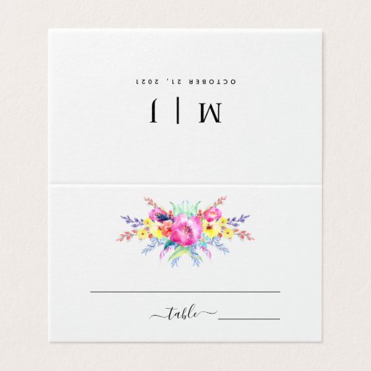 ホットピンク&イエロー春フローラ結婚のテーブルカード (外部フラット)