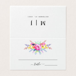 ホットピンク&イエロー春フローラ結婚のテーブルカード