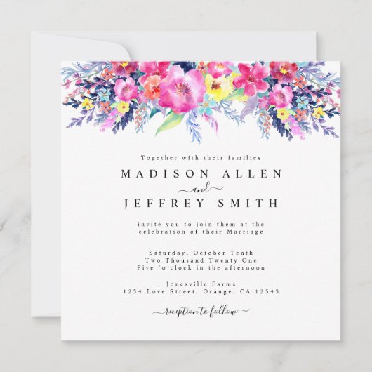 ホットピンク&イエロー春フローラ結婚式招待状 案内状 (正面)