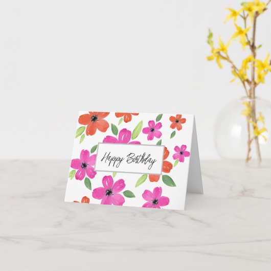 ホットピンク&オレンジの水彩フローラモチーフ カード (黄色い花)