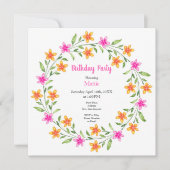 ホットピンク&オレンジウォーターカラーフローラリース 招待状 (正面)