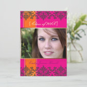 ホットピンク+オレンジ+ダマスクフォト招待状 招待状 (スタンド正面)