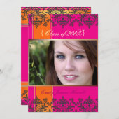 ホットピンク+オレンジ+ダマスクフォト招待状 招待状 (正面/裏面)