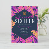 ホットピンク オレンジ ネイビー トロピカル パームリーフ スイート16 招待状 (スタンド正面)