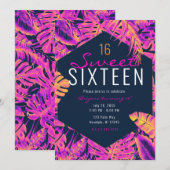 ホットピンク オレンジ ネイビー トロピカル パームリーフ スイート16 招待状 (正面/裏面)