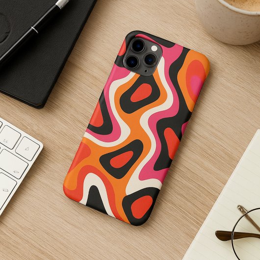 ホットピンク オレンジ ブラック 抽象的形状 アート パターン iPhoneケース