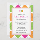 ホットピンク、オレンジ、ライムアーガイル柄の 招待状 (裏面)