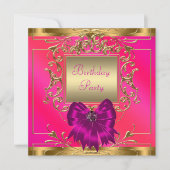 ホットピンク、オレンジ、金ゴールド誕生日パーティー 招待状 (正面)