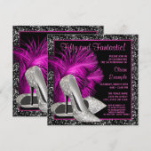 ホットピンク グリッター ハイヒール 女性の誕生日 招待状 (正面/裏面)