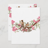ホットピンク&グレーのヴィンテージ鳥の結婚式RSVP 出欠カード (正面/裏面)