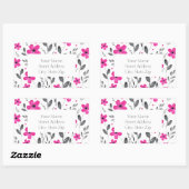 ホットピンク、グレー5花弁水色花モチーフ 長方形シール (シート)