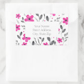 ホットピンク、グレー5花弁水色花モチーフ 長方形シール (バッグ)