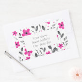 ホットピンク、グレー5花弁水色花モチーフ 長方形シール (封筒)