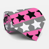 ホットピンク、グレー、白ストライプのと黒のタイ(星あり) ネクタイ (ロール)