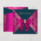 ホットピンク ゴールド ダマスク ブラック タイ パーティー 招待状 (正面/裏面)