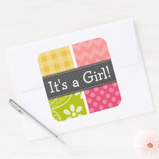 ホットピンク、サーモン、イエロー、グリーン市松模様に可愛 スクエアシール (封筒)