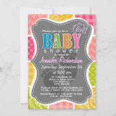 ホットピンク、サーモン、イエロー、グリーン市松模様に可愛 招待状 (正面)