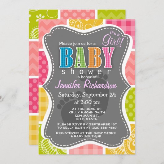 ホットピンク、サーモン、イエロー、グリーン市松模様に可愛 招待状 (正面/裏面)
