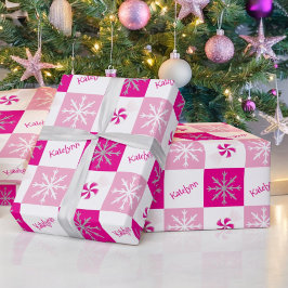 ホットピンク&シルバーのペパーミン&スノーフレーク名 ラッピングペーパー