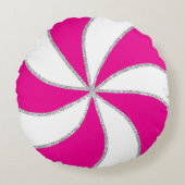 ホットピンク&シルバーキャンディーケーンストライプ&ペパーミント ラウンドクッション (正面)