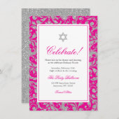 ホットピンク シルバー グリッター スワール ダマスク 披露宴 招待状 (正面/裏面)