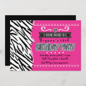 ホットピンク&ゼブラガールズバースデーパーティー招待状 招待状 (正面/裏面)