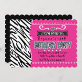 ホットピンク&ゼブラガールズバースデーパーティー招待状 招待状 (正面/裏面)