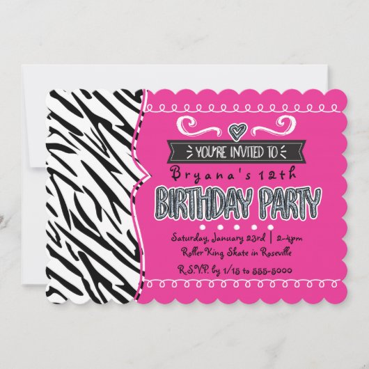 ホットピンク&ゼブラガールズバースデーパーティー招待状 招待状 (正面)