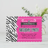 ホットピンク&ゼブラガールズバースデーパーティー招待状 招待状 (スタンド正面)