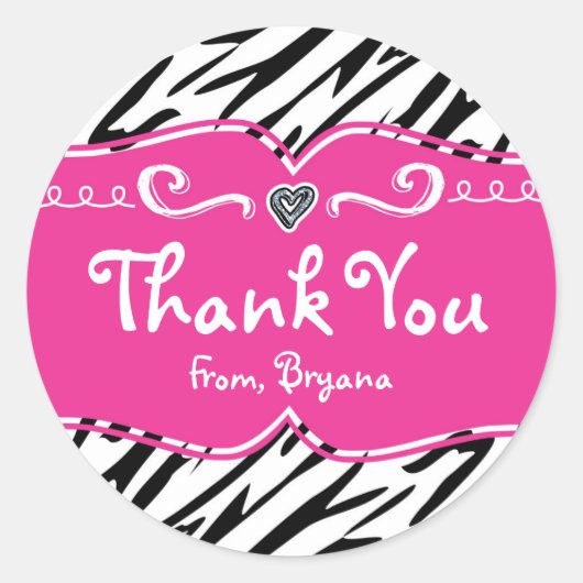 ホットピンク&ゼブラ印刷ガールズバースデーパーティーステッカー ラウンドシール (正面)