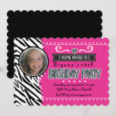 ホットピンク & ゼブラ ガールズ バースデー フォト 招待状 (正面/裏面)
