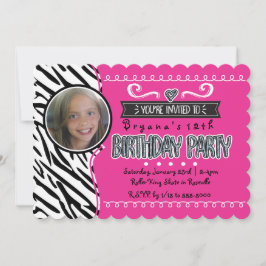 ホットピンク & ゼブラ ガールズ バースデー フォト 招待状