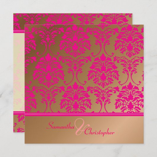 ホットピンク·ダマスク/フェイク銅結婚式招待状 招待状 (正面/裏面)
