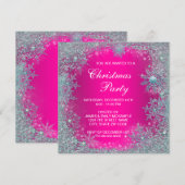 ホットピンク ティールブルー スノーフレーク クリスマスパーティー 招待状 (正面/裏面)