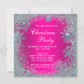 ホットピンク ティールブルー 雪の結晶 クリスマスパーティー 招待状 (正面)